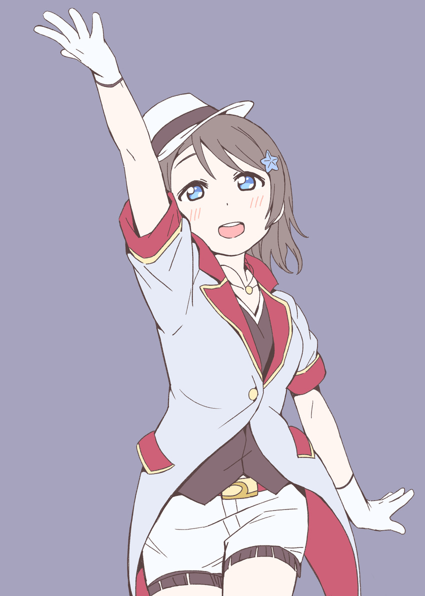 absurdres arm_up blue_eyes brown_hair coattails cowboy_shot fringe_trim gamjolno gloves grey_background grey_hair hat highres jacket jewelry light_blush love_live! love_live!_sunshine!! mirai_ticket open_mouth pendant short_hair short_sleeves simple_background smile solo starfish_hair_ornament watanabe_you white_gloves