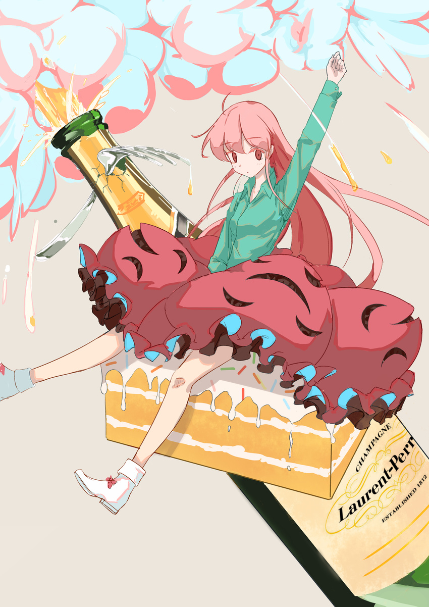 absurdres ahoge alcohol arm_up bangs blouse blush bottle bow bubble_skirt cake champagne champagne_bottle closed_mouth collared_shirt danding dress_shirt expressionless eyebrows eyebrows_visible_through_hair food fork frilled_skirt frills green_shirt hata_no_kokoro highres long_hair long_sleeves looking_at_viewer pink_eyes pink_hair shirt shoe_bow shoes sitting skirt solo touhou very_long_hair white_footwear