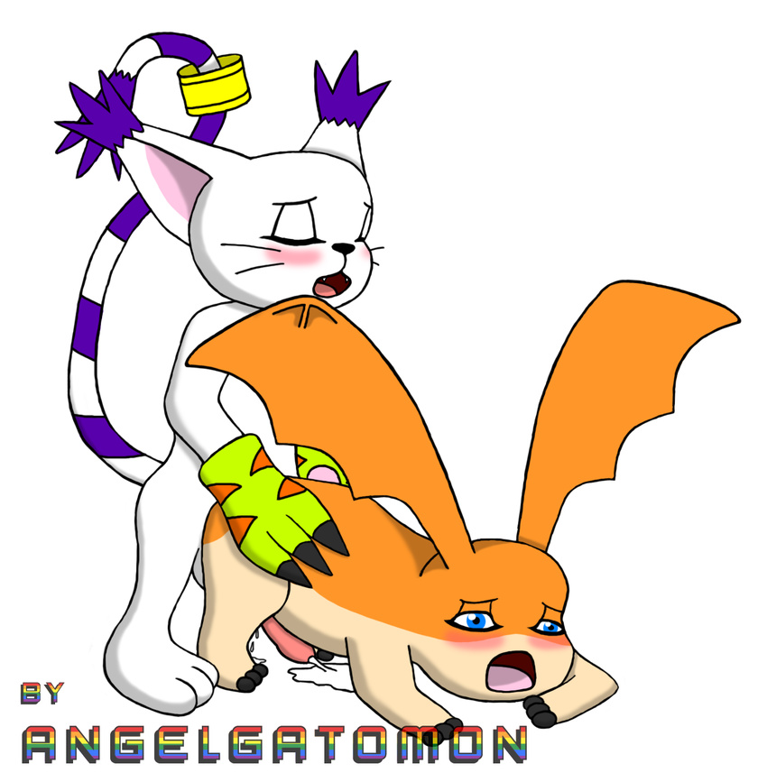 all_fours angelgatomon balls big_top_small_sub blush cat claws clothing crossgender cum cum_while_penetrated cumshot digimon doggystyle ejaculation eyes_closed feline feral from_behind_position fur gatomon gloves male male/male mammal moan orange_skin orgasm patamon penetration penis sex simple_background white_fur