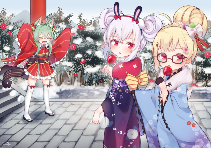 3girls :o akashi_(azur_lane) animal_ear_fluff animal_ears arms_up azur_lane bangs bell black_footwear black_gloves blonde_hair blue_kimono blue_sky bow brown-framed_eyewear bunny_ears candy_apple cat_ears commentary_request day double_bun eldridge_(azur_lane) eyebrows_visible_through_hair eyes_closed facial_mark floral_print flower food frilled_kimono frills fur_collar glasses gloves green_hair hair_bell hair_between_eyes hair_bow hair_bun hair_ornament hairband half_gloves holding holding_food japanese_clothes jingle_bell kimono koko_ne_(user_fpm6842) laffey_(azur_lane) licking long_sleeves looking_at_viewer looking_to_the_side multiple_girls obi open_mouth outdoors parted_lips pink_flower print_kimono red_bow red_eyes red_flower red_hairband red_kimono ribbon-trimmed_legwear ribbon_trim sash short_kimono sidelocks silver_hair sky sleeves_past_fingers sleeves_past_wrists stairs stone_stairs thighhighs tongue tongue_out v-shaped_eyebrows white_bow white_legwear wide_sleeves zouri