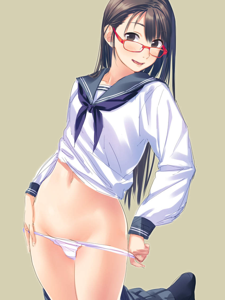 black_eyes black_hair black_legwear blush glasses highres long_hair navel no_pants open_mouth original panties panty_pull pleated_skirt red-framed_eyewear school_uniform serafuku simple_background sketch skirt skirt_around_one_leg smile solo underwear white_panties yuuki_keisuke