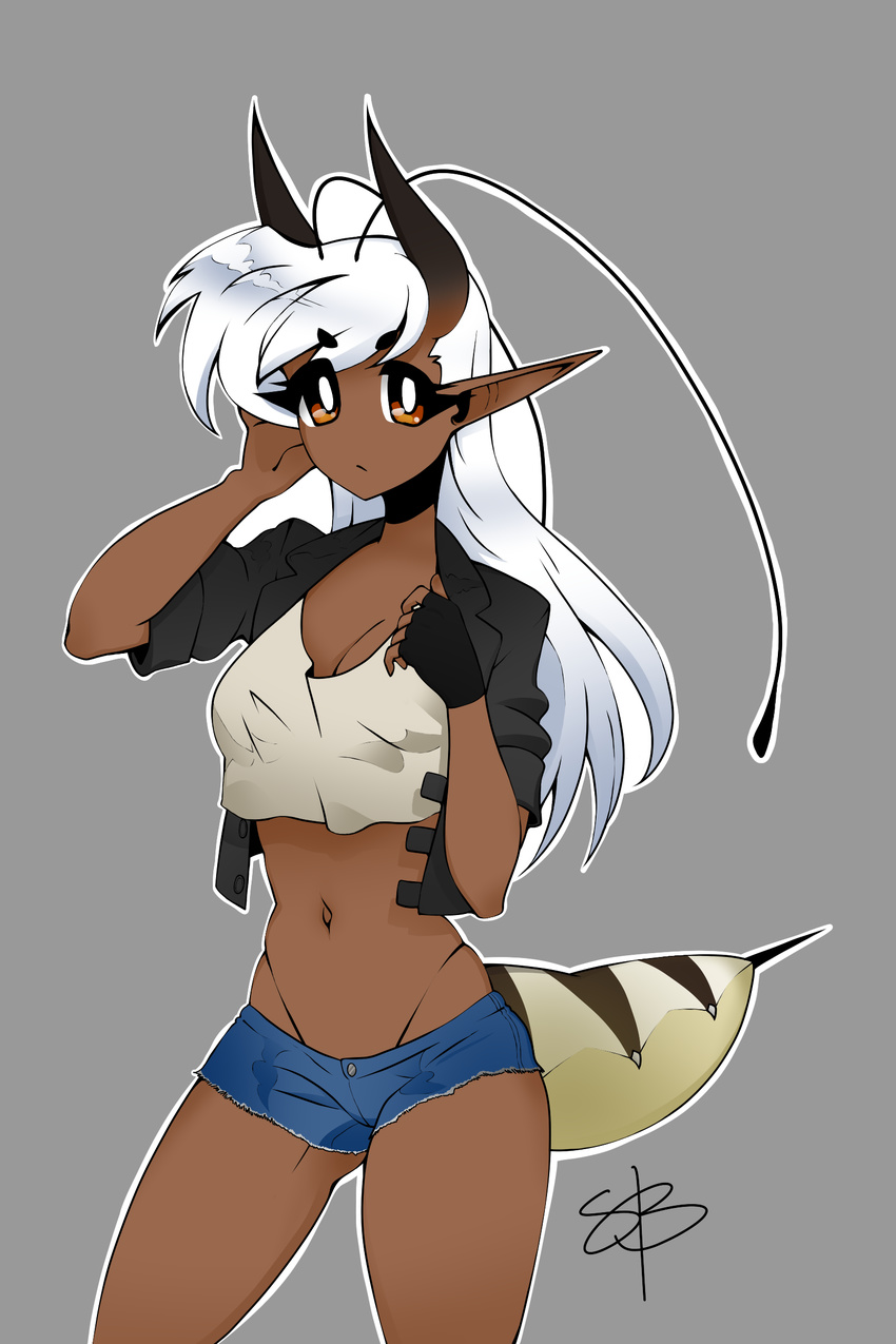 antennae arthropod bee bee_girl clothing curves female grey_background hair horn hornet hornet_girl horny humanoid insect pinup pointy_ears pose sheepish shorts simple_background solo tanned thong voluptuous wasp wasp_girl white_hair