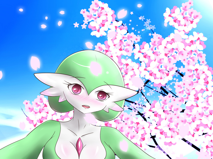 blush breasts cleavage clothed clothing female gardevoir green_hair green_skin hair hair_over_eye looking_at_viewer multicolored_skin nintendo open_mouth petals pok&eacute;mon red_eyes sakura_tree sana!rpg sky tree two_tone_skin video_games white_skin yes!rpg