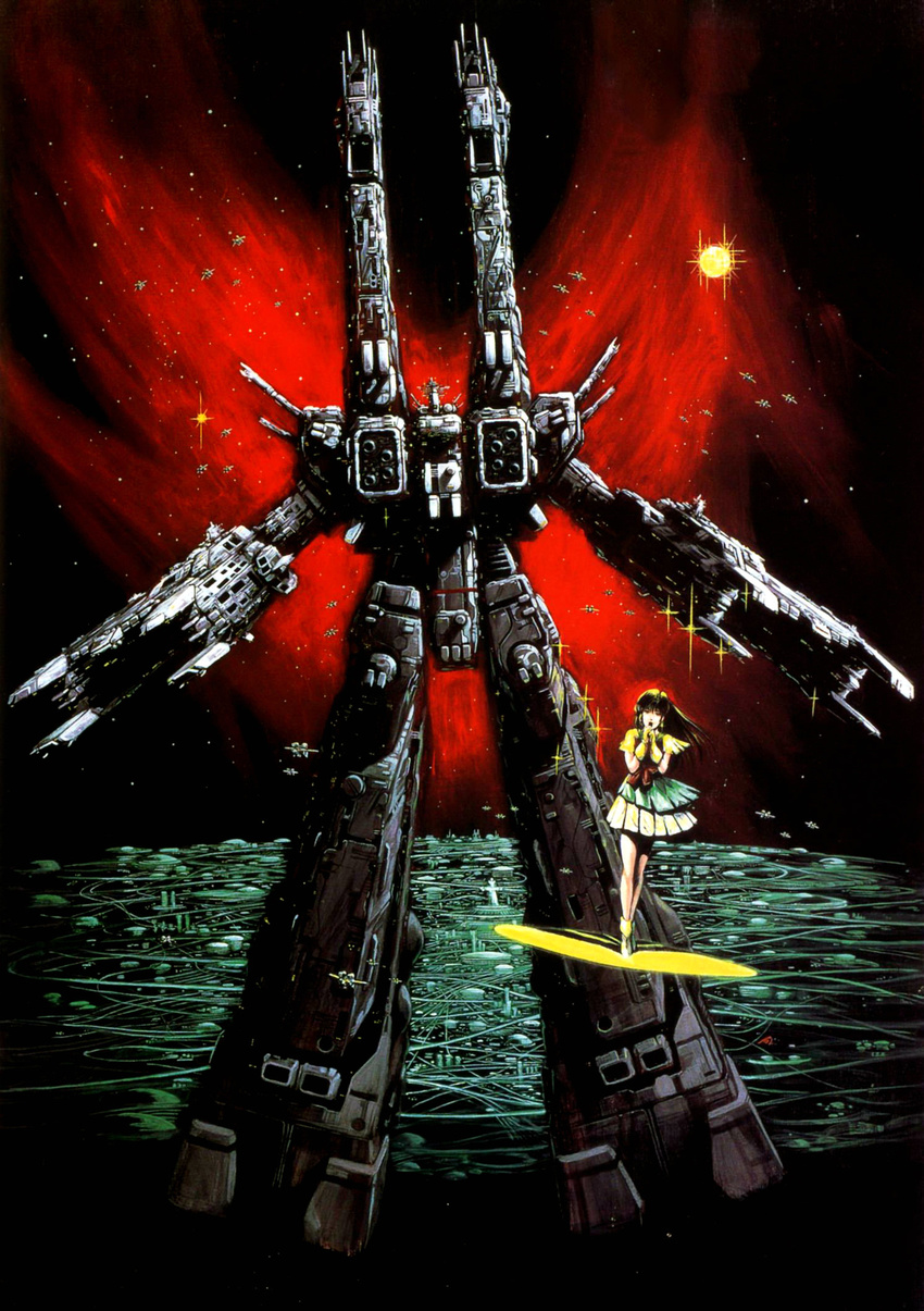 80s alien antennae armd aura bangs bare_legs black_hair cannon city dress energy_cannon epic gloves hair_between_eyes hands_together hands_up highres hologram kawamori_shouji long_hair lynn_minmay macross macross:_do_you_remember_love? mecha microphone music official_art oldschool promotional_art realistic scan science_fiction sdf-1 singing songstress space space_craft sparkle spoilers standing star_(sky) storm_attacker traditional_media variable_fighter vf-1 vf-1_super yellow_gloves