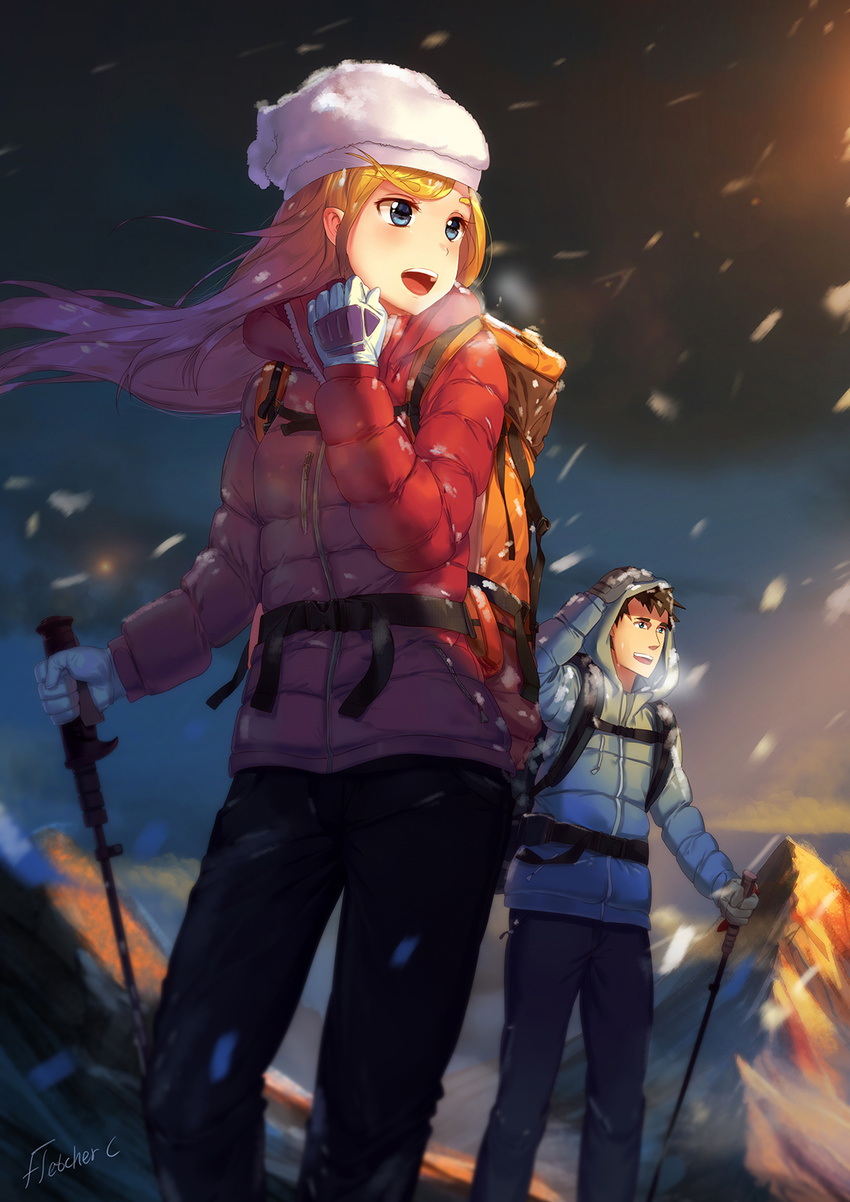 1girl artist_name backpack bag bangs black_gloves black_pants blonde_hair blue_coat blue_eyes blush breath brown_hair coat eyebrows eyebrows_visible_through_hair gloves hand_on_own_head hat highres hiking holding hooded_coat long_hair looking_to_the_side mountain original outdoors pants red_coat short_hair snowing standing swept_bangs trekking_pole white_gloves white_hat wind yimn-fletcher