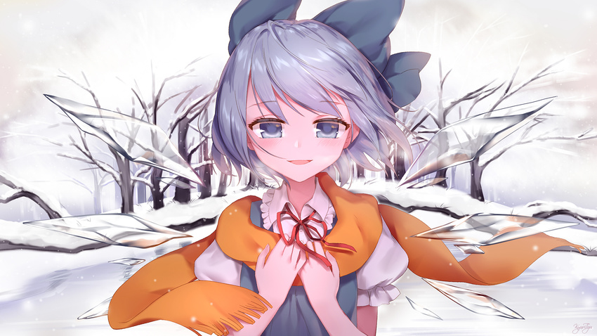 blue_bow blue_eyes blue_hair blush bow breath cirno commentary_request hair_bow hands_on_own_chest highres ice ice_wings kyuri_tizu looking_at_viewer neck_ribbon orange_scarf outdoors puffy_short_sleeves puffy_sleeves red_ribbon ribbon scarf short_hair short_sleeves smile snow solo touhou upper_body wings winter