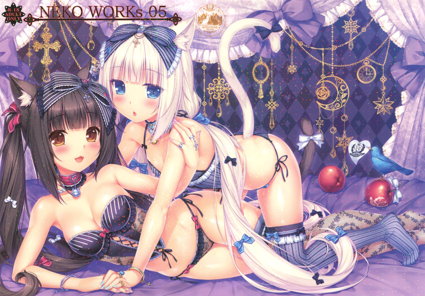 :3 :o absurdres all_fours animal_ears apple bangs bell bell_collar bird black_hair black_panties blue_eyes blunt_bangs blush bow bracelet breasts brown_eyes bustier cat_ears cat_tail chestnut_mouth chocola_(sayori) cleavage collar cover cover_page cross doujin_cover food fruit hair_bow highres holding_hands huge_filesize jewelry jingle_bell long_hair looking_at_viewer lying medium_breasts multiple_girls nail_polish nekopara no_shoes on_side open_mouth panties rating sayori side-tie_panties silver_hair slit_pupils small_breasts smile striped striped_legwear tail tail_bow thighhighs twintails underwear underwear_only vanilla_(sayori) vertical-striped_legwear vertical_stripes very_long_hair white_hair