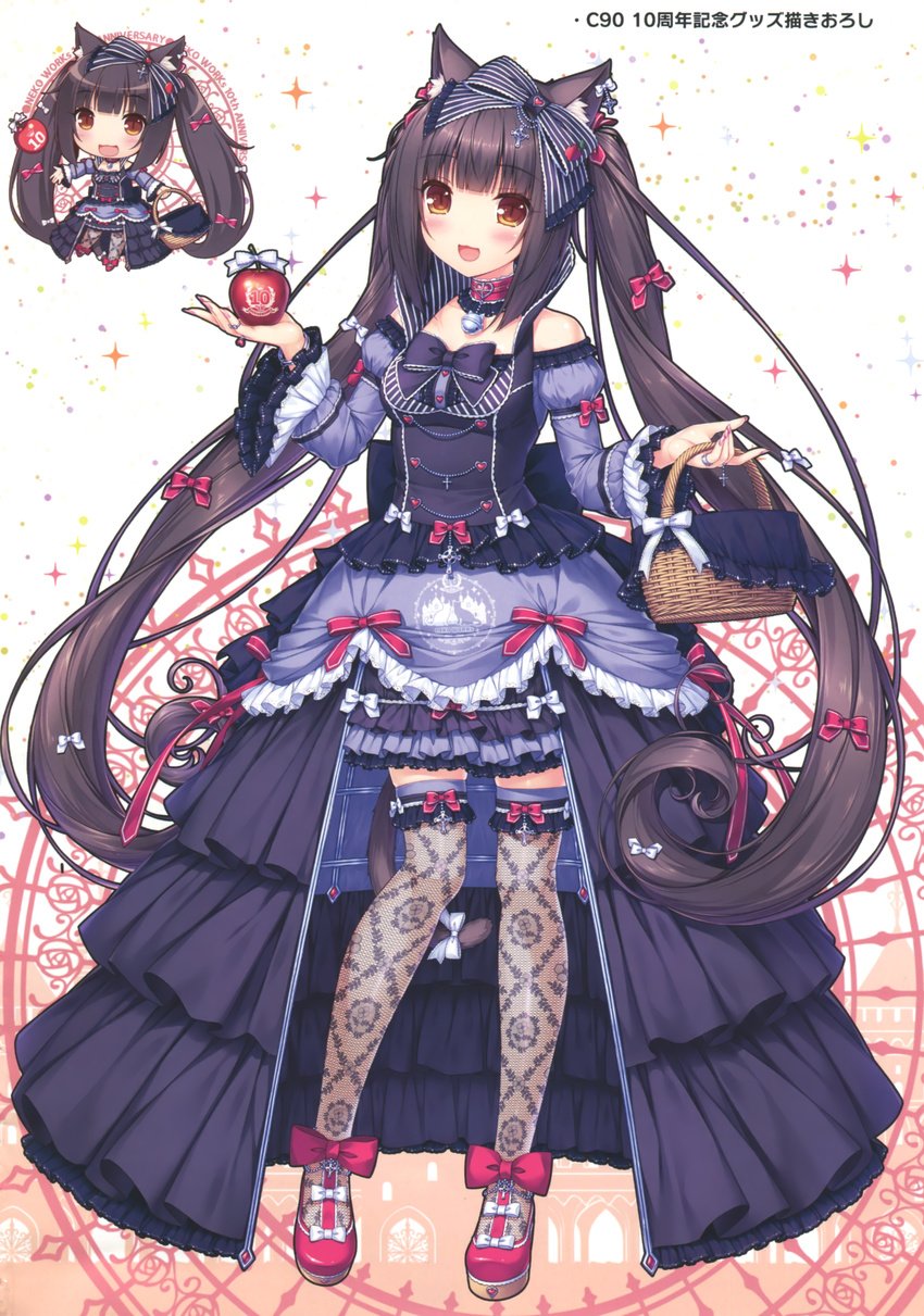 absurdres animal_ears apple basket bell bell_choker black_bow black_hair black_neckwear blush bow bowtie bracelet brown_eyes cat_ears cat_tail chibi chocola_(sayori) choker cross dress fishnet_legwear fishnets food frilled_choker frilled_dress frilled_skirt frilled_sleeves frills fruit gothic_lolita hair_bow hair_ribbon highres jewelry lolita_fashion long_hair multiple_views nail_polish nekopara overskirt ribbon ring sayori shoe_bow shoes skirt slit_pupils smile striped striped_bow tail tail_ribbon thighhighs twintails very_long_hair zettai_ryouiki