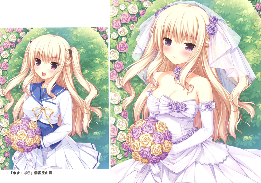 :d absurdres arch bare_shoulders blonde_hair blush bouquet bra-ban! breasts bridal_veil bride butterfly_hair_ornament cleavage dress floral_arch flower hair_ornament half_updo hibarigaoka_yuki highres large_breasts long_hair multiple_views open_mouth purple_eyes sayori scan school_uniform serafuku smile two_side_up variations veil wedding_dress