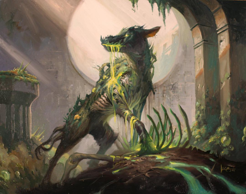 bone canine city cityscape dripping feral glowing looking_back lucas_graciano magic_the_gathering mammal official_art oil_painting ruins skeleton standing undead zombie