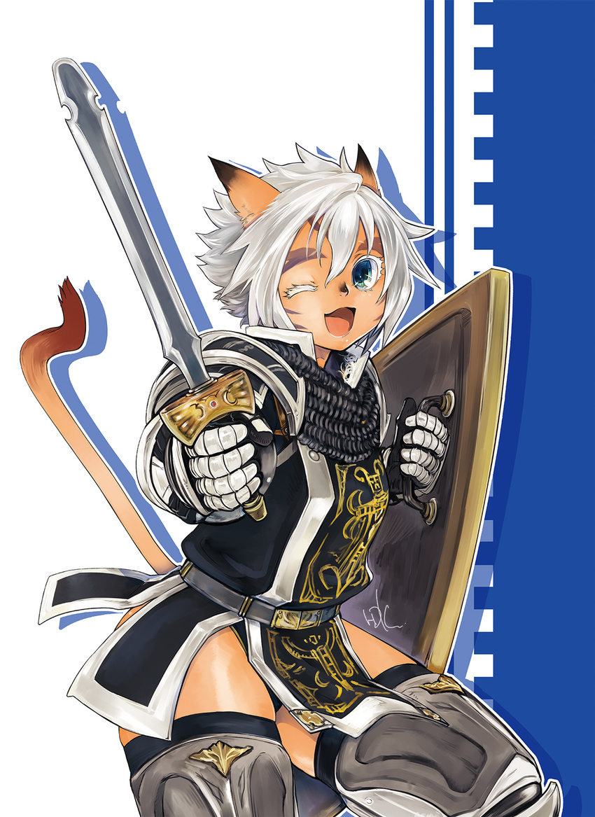 animal_ears armor blue_eyes cat_ears cat_tail chainmail cowboy_shot dark_skin doraeshi eyelashes facial_mark final_fantasy final_fantasy_xi gauntlets highres mithra one_eye_closed open_mouth outstretched_arm paladin_(final_fantasy) shield short_hair shoulder_armor signature smile solo spaulders standing standing_on_one_leg sword tail thighhighs thighs weapon white_hair zettai_ryouiki