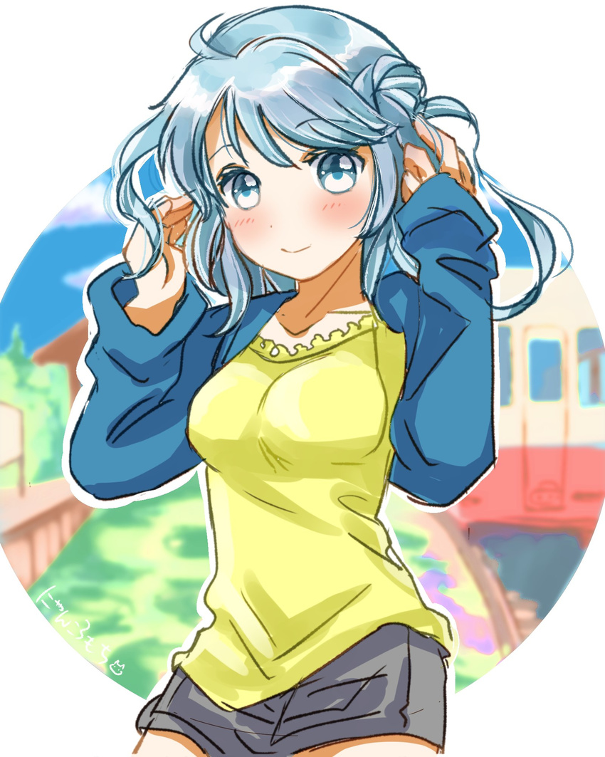 blue_eyes blue_hair blush casual double_bun eyebrows_visible_through_hair ground_vehicle hands_up highres kantai_collection looking_at_viewer misacho_(misa1001) outline raglan_sleeves shorts smile solo train urakaze_(kantai_collection) white_outline