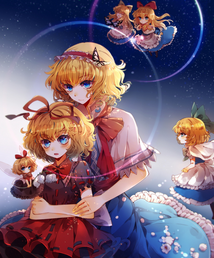 absurdres alice_margatroid apron bad_id bad_pixiv_id baocaizi blonde_hair blue_dress blue_eyes blush bow bowtie butterfly_hair_ornament capelet commentary_request cowboy_shot dress gradient_dress hair_ornament hair_ribbon hairband highres hourai_doll lolita_hairband medicine_melancholy multiple_girls neck_ribbon parted_lips petticoat puffy_short_sleeves puffy_sleeves red_bow red_neckwear red_ribbon ribbon shanghai_doll short_hair short_sleeves su-san touhou trait_connection waist_apron