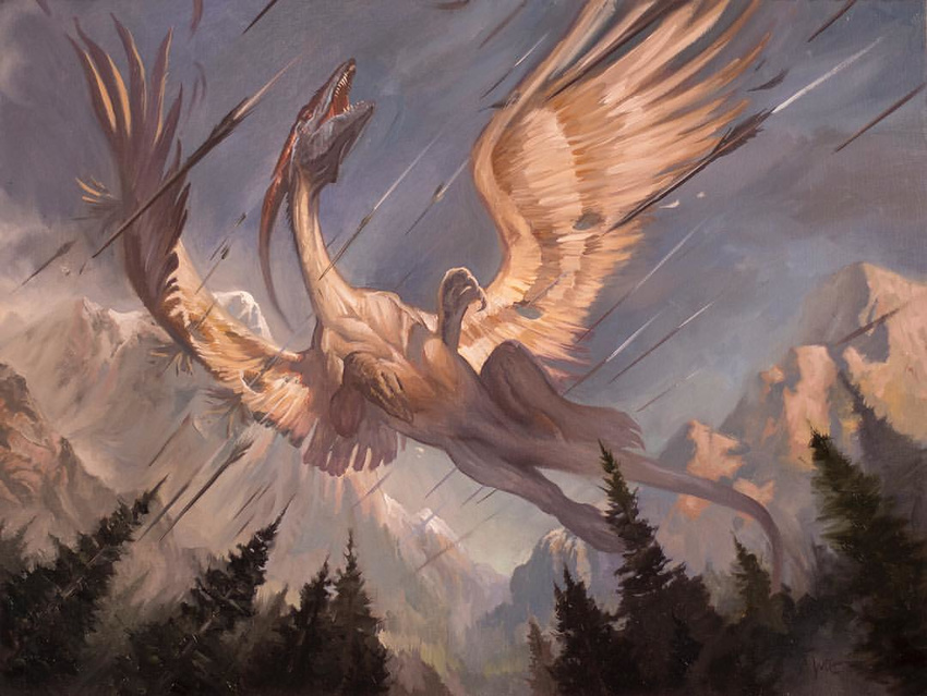 arrow claws detailed_background dragon feathered_dragon feathered_wings feathers featureless_crotch feral flying long_neck long_tail low-angle_view lucas_graciano magic_the_gathering mountain official_art oil_painting open_mouth solo wings