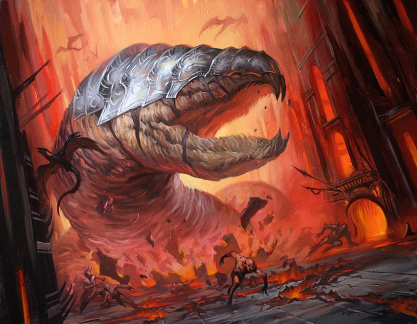 armor city cityscape demon dutch_angle feral fleeing flying humanoid lucas_graciano macro magic_the_gathering official_art oil_painting open_mouth running spread_wings street uhoh wings wurm