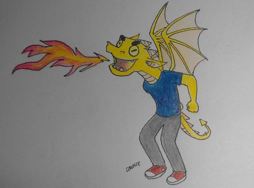 2016 anthro dragon fire fire_breathing male membranous_wings open_mouth oscalie scales scalie solo traditional_media_(artwork) wings yellow_scales young