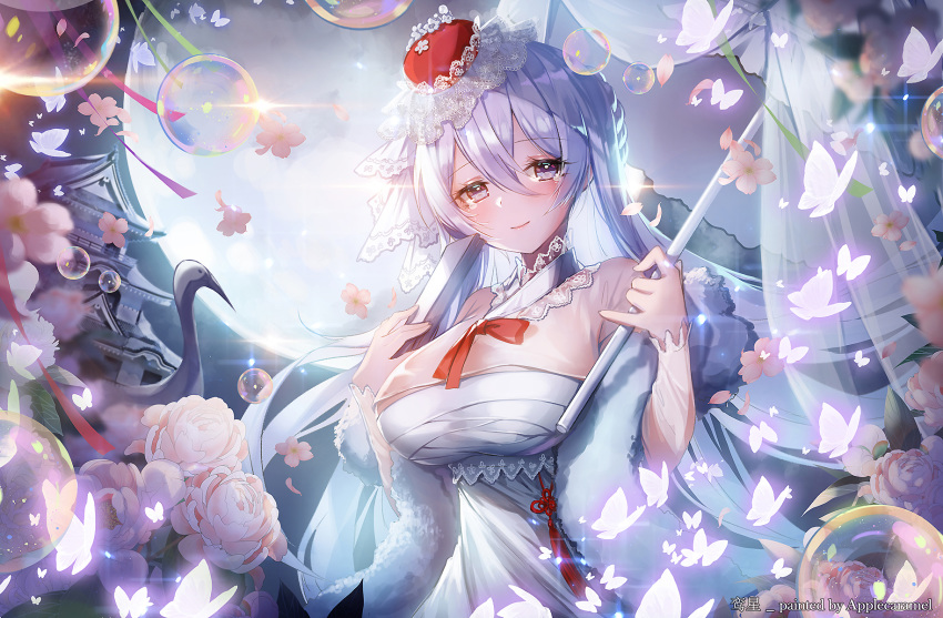 1girl apple_caramel bangs bird blush breasts bubble bug butterfly cherry_blossoms china_dress chinese_clothes closed_mouth crane_(animal) dress eyebrows_visible_through_hair fan feather_boa folding_fan full_moon glint hair_between_eyes highres holding holding_fan holding_umbrella insect large_breasts long_hair long_sleeves looking_at_viewer moon original petals purple_eyes purple_hair sidelocks smile solo tearing_up umbrella upper_body veil very_long_hair white_dress