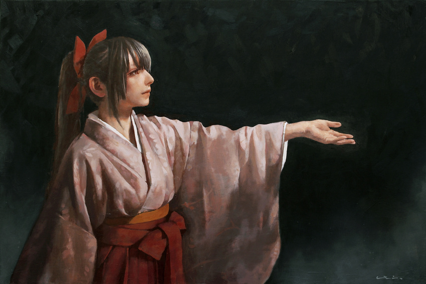 black_background black_hair bow brown_eyes canvas_(medium) floral_print hair_bow hakama hand_up highres imai_takahiro japanese_clothes meiji_schoolgirl_uniform oil_painting_(medium) original outstretched_arm ponytail profile signature simple_background solo texture traditional_media upper_body