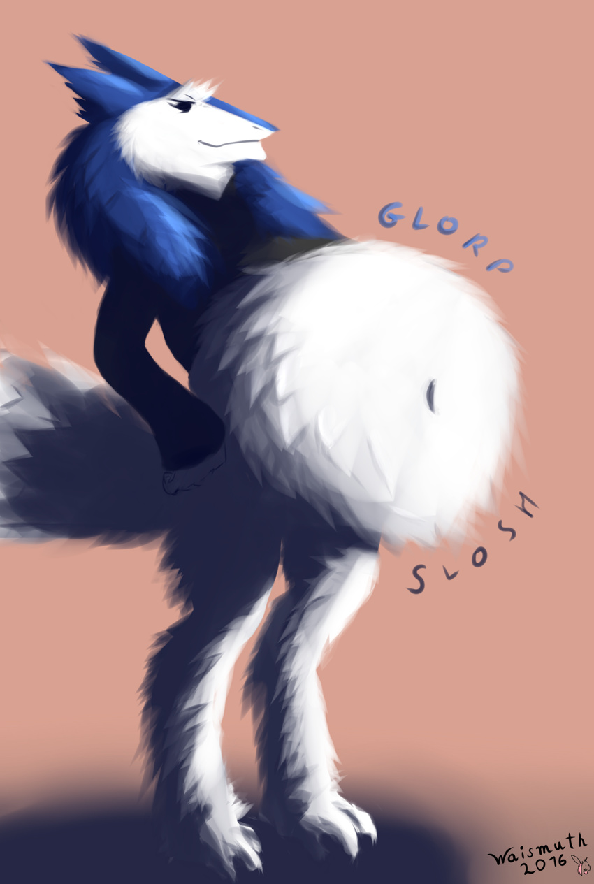 2016 anthro belly big_belly blue_fur clothed clothing female fur hair navel sergal simple_background smile solo text vore waismuth white_fur