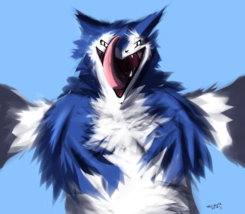 2016 anthro blue_fur female first_person_view fur imminent_vore looking_at_viewer nude open_mouth sergal simple_background smile solo teeth tongue tongue_out vore waismuth white_fur