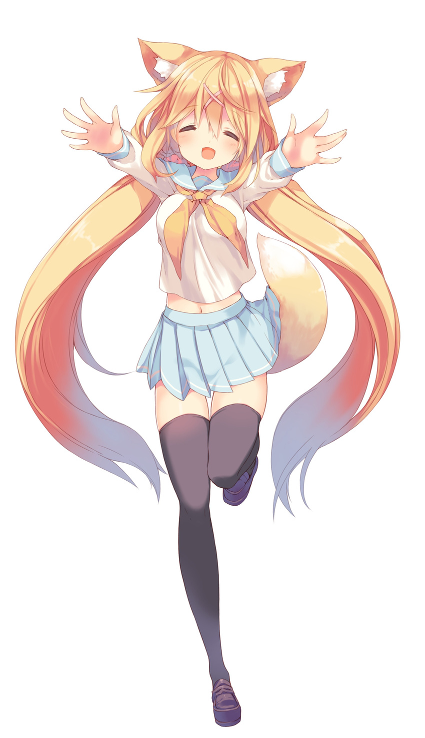 absurdres amamiya_mei animal_ear_fluff animal_ears black_legwear blonde_hair blue_skirt closed_eyes eyebrows_visible_through_hair fox_ears fox_tail highres leg_up long_hair midriff navel open_mouth original outstretched_arms p19 pleated_skirt school_uniform serafuku shirt simple_background skirt solo tail thighhighs twintails very_long_hair white_background white_shirt zettai_ryouiki