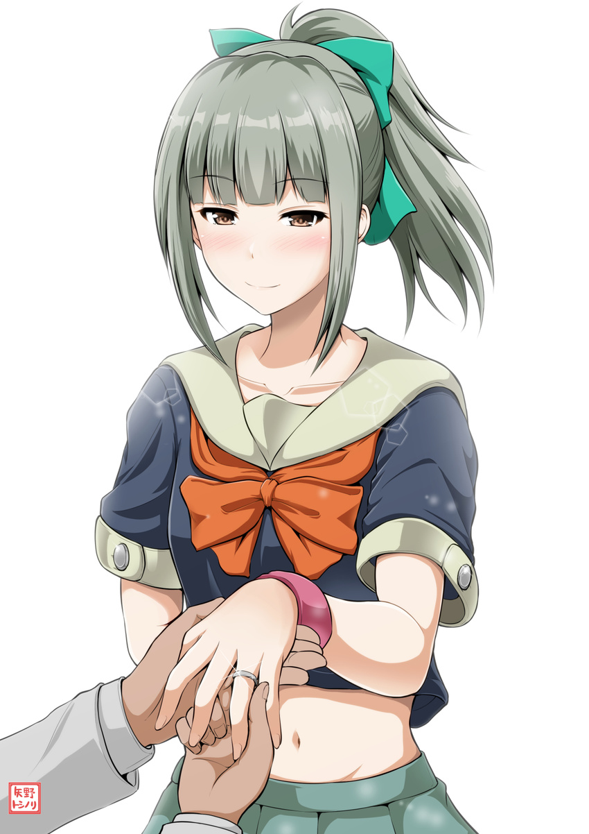1girl bangs blunt_bangs blush bow bowtie breasts brown_eyes collarbone crop_top eyebrows eyebrows_visible_through_hair green_hair green_skirt hair_bow hand_on_another's_hand highres holding_hand jacket jewelry kantai_collection long_sleeves looking_at_another midriff navel neckerchief outstretched_hand pink_wristband pleated_skirt ponytail putting_on_jewelry ring sailor_collar sailor_shirt school_uniform serafuku shirt short_hair short_sleeves sidelocks simple_background skirt small_breasts smile upper_body wedding_band white_background white_jacket wristband yano_toshinori yuubari_(kantai_collection)