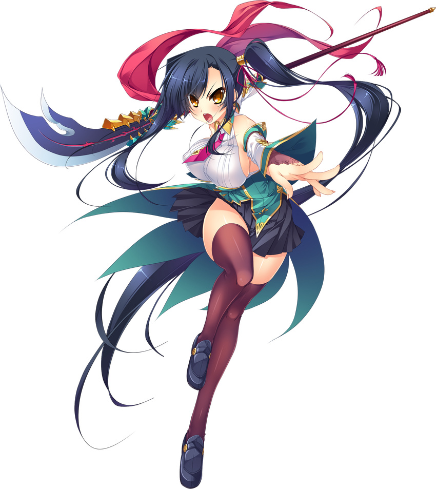 absurdres bare_shoulders black_legwear blue_hair breasts detached_sleeves full_body highres holding holding_weapon kan'u katagiri_hinata koihime_musou large_breasts long_hair looking_at_viewer naginata necktie polearm shoes skirt solo thighhighs transparent_background weapon yellow_eyes zettai_ryouiki