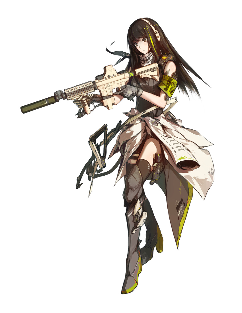 armband assault_rifle black_eyes black_legwear clothes_around_waist eotech full_body girls_frontline gloves grey_gloves grey_jacket grey_scarf gun headphones highres holding holding_gun holding_weapon holster jacket jacket_around_waist knee_pads looking_away lowlight_kirilenko m4_carbine m4a1_(girls_frontline) multicolored_hair official_art open_clothes open_jacket rifle scarf solo standing strap streaked_hair suppressor thigh_holster thigh_strap thighhighs transparent_background trigger_discipline vertical_foregrip walkie-talkie weapon