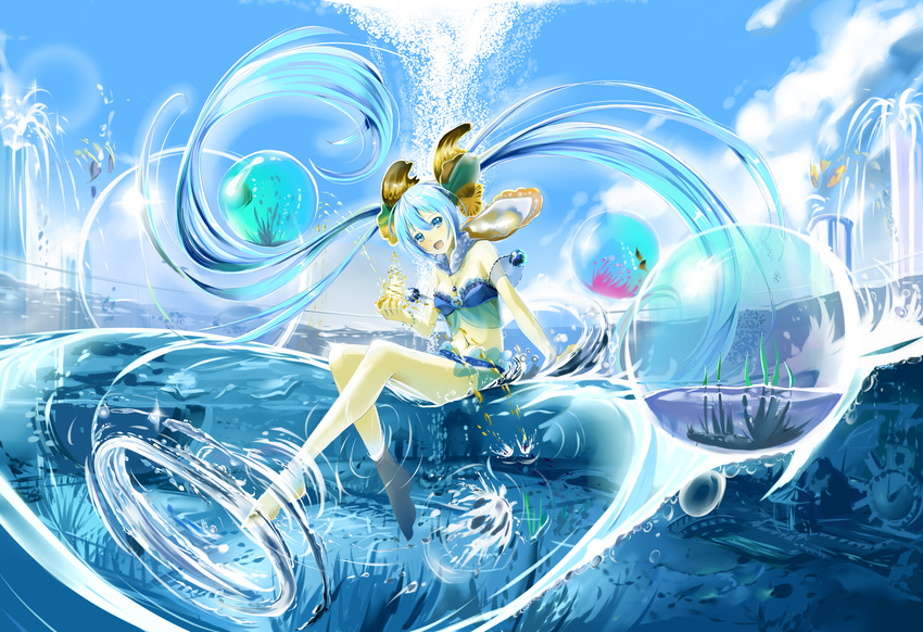 :d absurdres bare_shoulders barefoot bikini blue_bikini blue_eyes blue_hair blush breasts bubble cleavage commentary_request day fish floating_hair full_body hair_ornament hatsune_miku highres jewelry kyaro_(kyaro54) long_hair looking_at_viewer navel open_mouth partially_submerged pendant seashell shell sitting small_breasts smile solo stomach swimsuit twintails very_long_hair vocaloid water