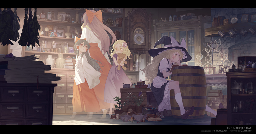 apron arm_support barefoot barrel black_hair black_skirt blonde_hair book bow bug butterfly chin_rest clock commentary dual_persona flower glass hair_bow hair_flower hair_ornament hair_tubes hakurei_reimu hakurei_reimu_(pc-98) hat hat_bow indoors insect japanese_clothes kirisame_marisa letterboxed long_hair long_sleeves memory miko multiple_girls original plant pot potted_plant red_bow rose sendai_hakurei_no_miko shelf shoes sitting skirt socks stuffed_animal stuffed_toy teddy_bear touhou touhou_(pc-98) transparent vest white_bow white_legwear wide_sleeves witch_hat yamamomo_(plank) younger