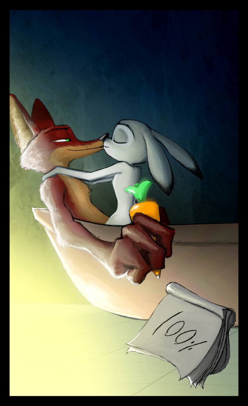 2016 anthro black_border border canine carrot disney duo female food fox green_eyes half-closed_eyes hand_on_shoulder hi_res judy_hopps kissing lagomorph male male/female mammal nick_wilde notebook nude pen rabbit side_view text thewyvernsweaver vegetable writing_(disambiguation) zootopia
