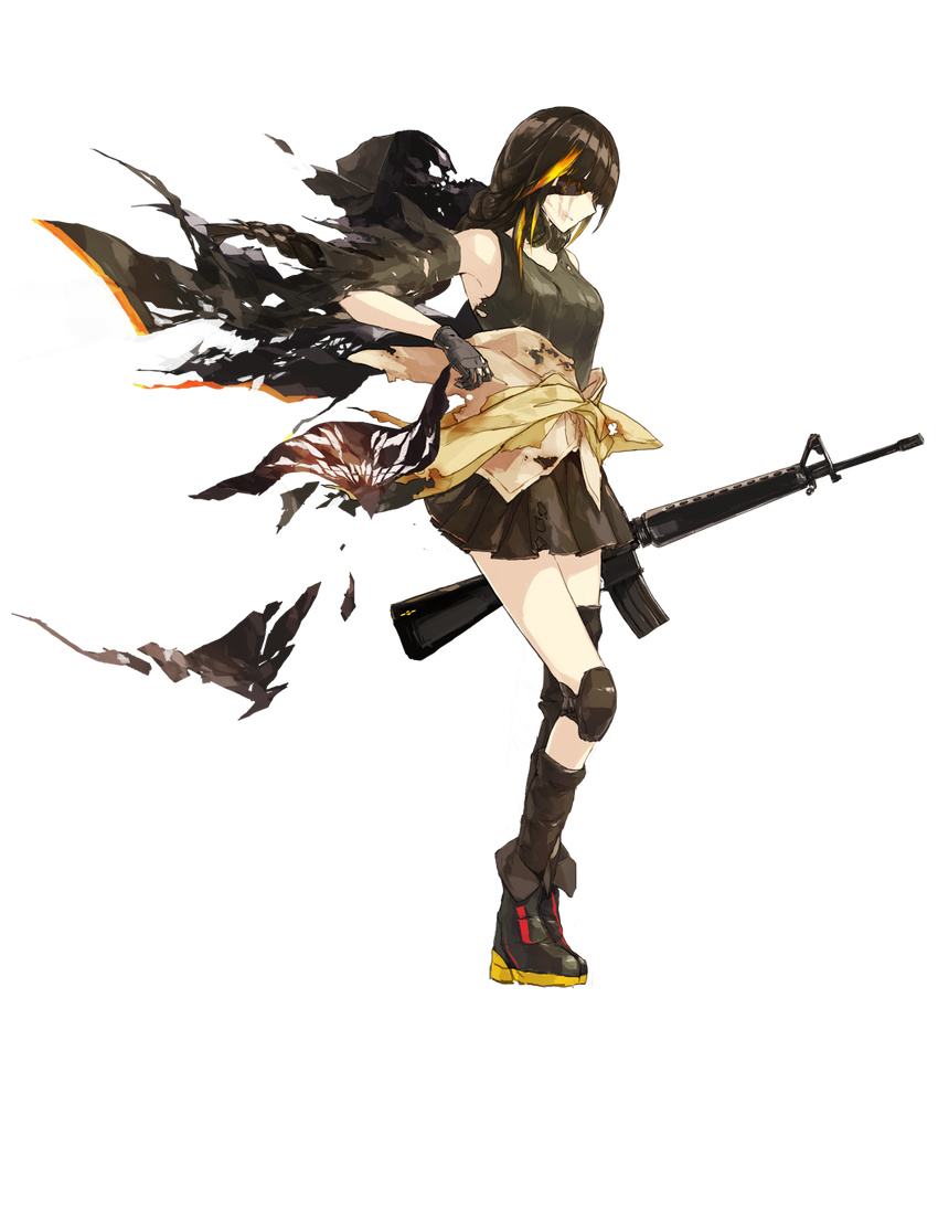 assault_rifle asymmetrical_legwear black_gloves black_legwear black_shirt braid breasts clothes_around_waist eyepatch full_body girls_frontline gloves gun headphones headphones_around_neck highres holding holding_gun holding_weapon jacket jacket_around_waist knee_pads left-handed long_hair looking_away lowlight_kirilenko m16a1 m16a1_(girls_frontline) medium_breasts multicolored_hair off_shoulder official_art open_clothes open_jacket parted_lips rifle shirt skirt solo standing strap streaked_hair tearing_clothes tearing_up torn_clothes torn_jacket transparent_background weapon