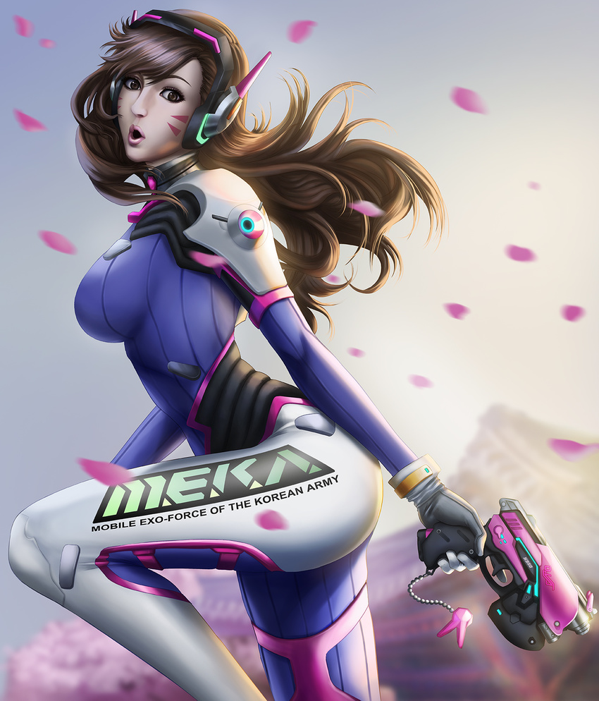 alternate_breast_size backlighting bangs bodysuit breasts brown_eyes brown_hair charm_(object) cherry_blossoms clothes_writing cowboy_shot d.va_(overwatch) facepaint facial_mark finger_on_trigger gloves grey_sky gun handgun headphones high_collar highres holding holding_gun holding_weapon large_breasts leg_up lips long_hair long_sleeves looking_at_viewer looking_to_the_side mountain nose open_mouth outdoors overwatch petals pilot_suit pistol pose rondeu shoulder_pads skin_tight solo swept_bangs tree weapon whisker_markings white_gloves wind