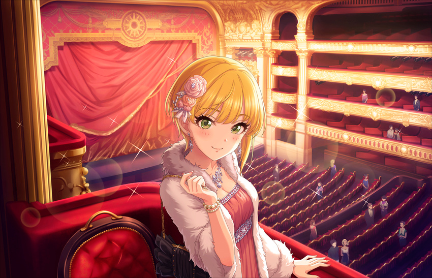 artist_request bag bangs blonde_hair blush breasts chair cleavage coat dress fingernails flower green_eyes hair_flower hair_ornament idolmaster idolmaster_cinderella_girls idolmaster_cinderella_girls_starlight_stage jewelry long_fingernails looking_at_viewer medium_breasts miyamoto_frederica necklace official_art rose short_hair smile solo_focus theater