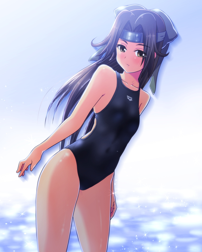 1girl absurdres arena_(company) beach blue_sky breasts brown_eyes brown_hair cloud cloudy_sky collarbone competition_school_swimsuit competition_swimsuit cowboy_shot dutch_angle eyebrows_visible_through_hair forehead_protector graphite_(medium) hair_intakes headband highres jintsuu_(kantai_collection) kantai_collection light_particles long_hair mechanical_pencil one-piece_swimsuit pencil reflection remodel_(kantai_collection) sky small_breasts solo standing sunlight swimsuit tennouji_masamichi traditional_media