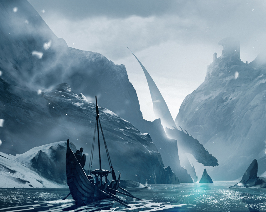 absurdres ambiguous_gender cloud cloudy_sky dragon fog from_behind highres kalmahul longship mountain multiple_others original paddle river rock scenery size_difference sky snow standing viking wings