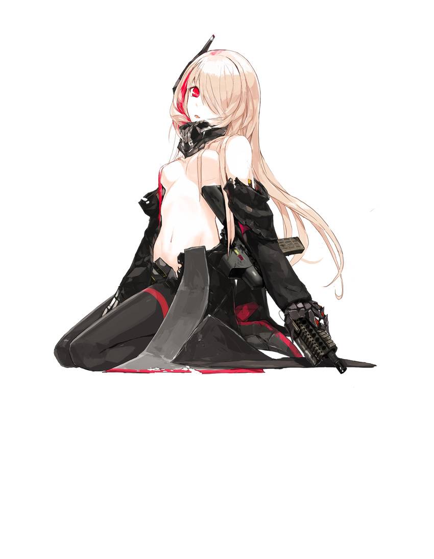 armband assault_rifle black_legwear black_scarf blonde_hair breasts convenient_censoring eotech full_body girls_frontline gun hair_ornament headgear highres kneeling long_hair looking_at_viewer lowlight_kirilenko m4_carbine m4_sopmod_ii m4_sopmod_ii_(girls_frontline) medium_breasts multicolored_hair navel off_shoulder official_art open_clothes open_mouth red_eyes red_hair rifle scarf sitting skinny solo streaked_hair thighhighs topless torn_clothes torn_jacket transparent_background two-tone_hair wariza weapon