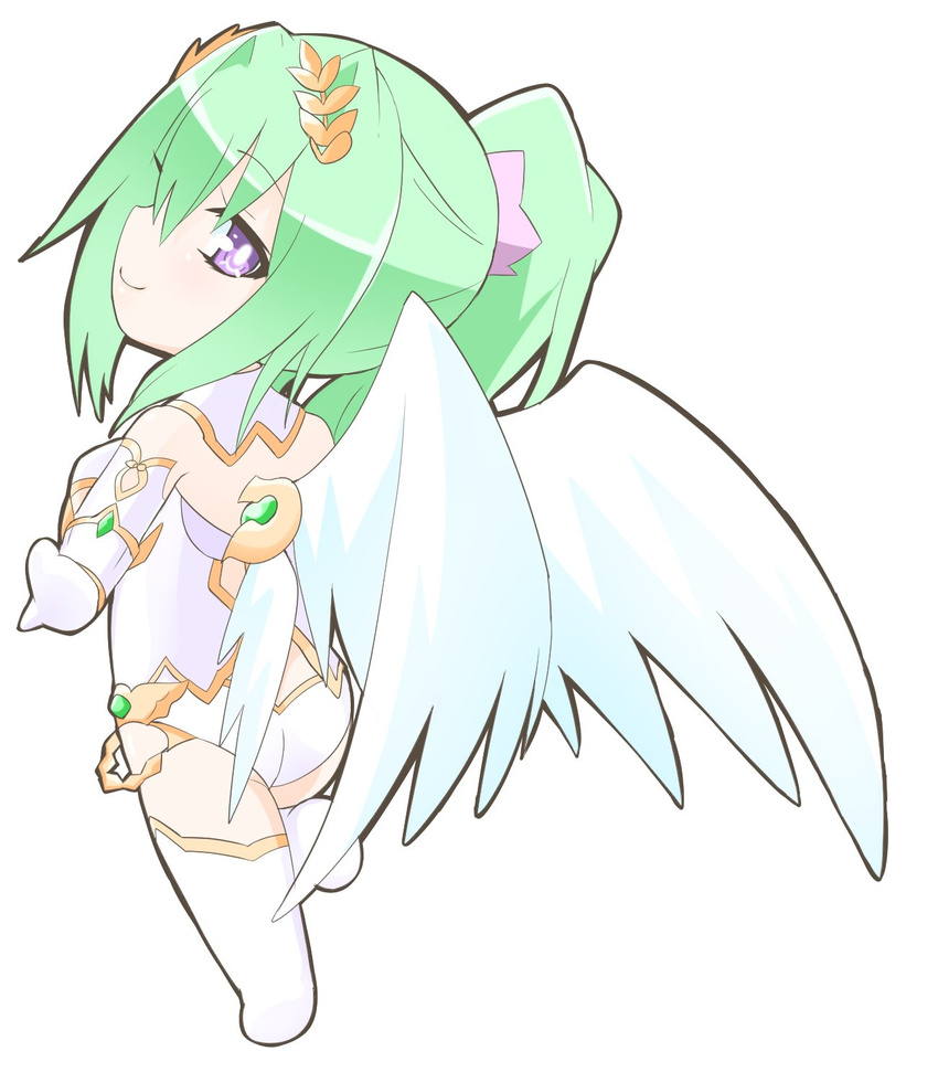 breasts chibi feathered_wings four_goddesses_online:_cyber_dimension_neptune green_hair green_heart highres large_breasts long_hair looking_at_viewer neptune_(series) niwaka_potato ponytail power_symbol purple_eyes solo symbol-shaped_pupils very_long_hair wings