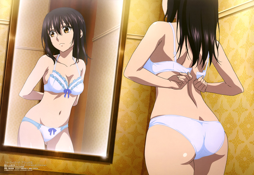 absurdres ass back bangs black_hair bow bow_bra bow_panties bra breasts brown_eyes cleavage cowboy_shot dutch_angle from_behind frown hashimoto_maki highres himeragi_yukina indoors looking_away looking_to_the_side medium_breasts megami mirror navel official_art panties reflection scan shiny shiny_hair solo standing strike_the_blood underwear underwear_only undressing unfastened wallpaper_(object) white_bra white_panties
