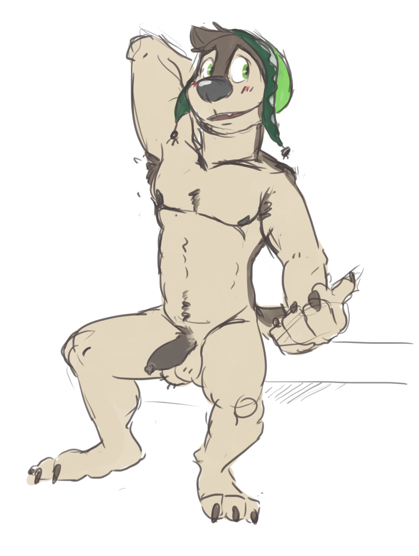 anthro balls barefoot blush bodi canine dog flaccid flat_colors front_view headgear long_foreskin looking_away male mammal mostly_nude nipples pecs penis phimosis rock_dog rubbing_head sitting sketch skoogers slim solo spread_legs spreading tight_foreskin uncut