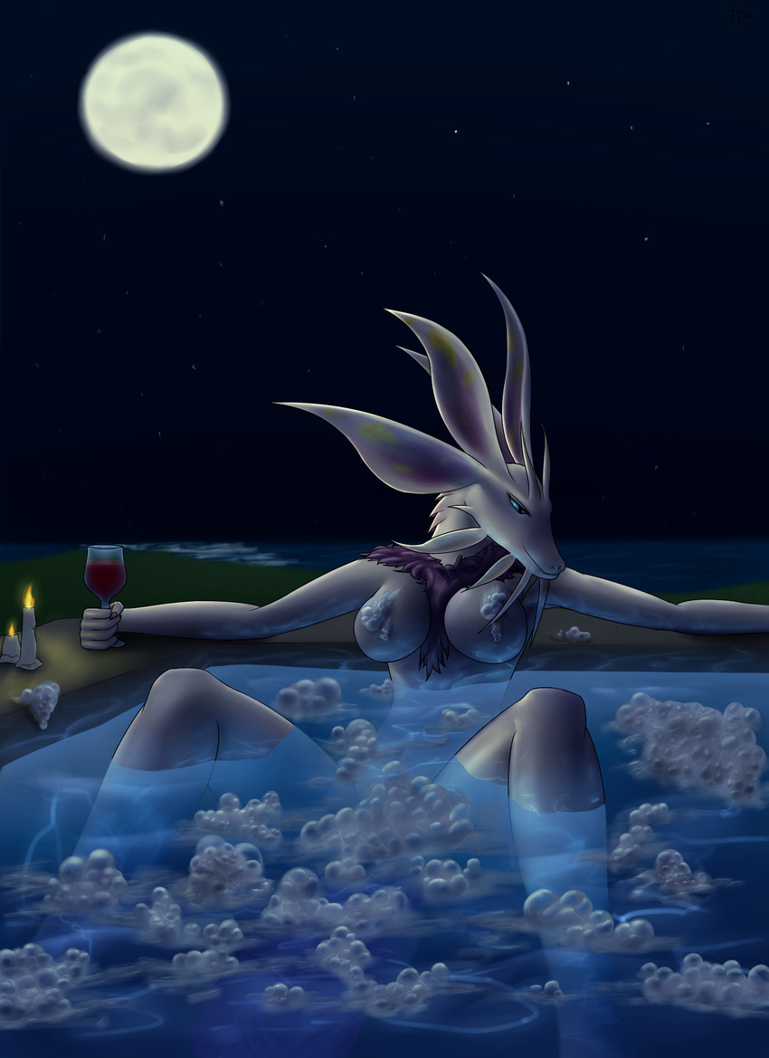 anthro anthrofied bathtub blue_eyes breasts bubble candle capcom female mizutsune monster_hunter moon night nude outside reclining solo spread_legs spreading testowepiwko video_games water