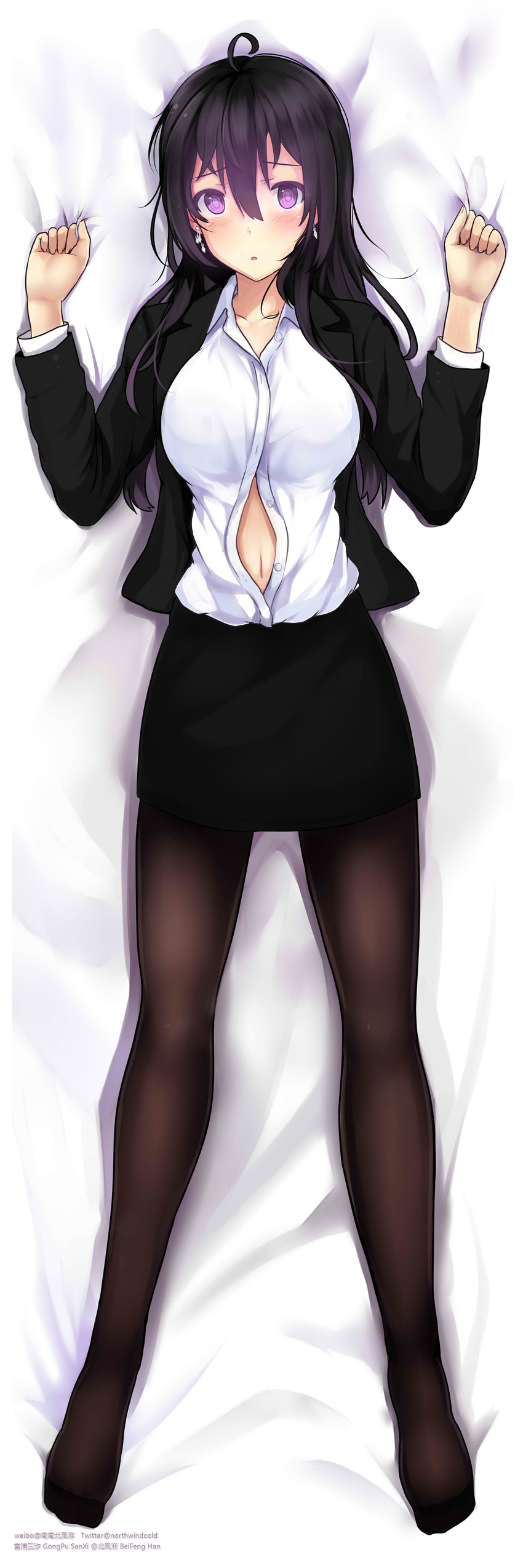 absurdres ahoge bed_sheet beifeng_han black_hair black_legwear breasts button_gap commentary_request dakimakura dress_shirt formal full_body glowing glowing_eyes highres large_breasts long_sleeves looking_at_viewer lying miyaura_sanshio navel no_shoes office_lady on_back open_clothes open_shirt original pantyhose partially_unbuttoned pencil_skirt purple_eyes sheet_grab shirt skirt skirt_suit solo suit unbuttoned uniform