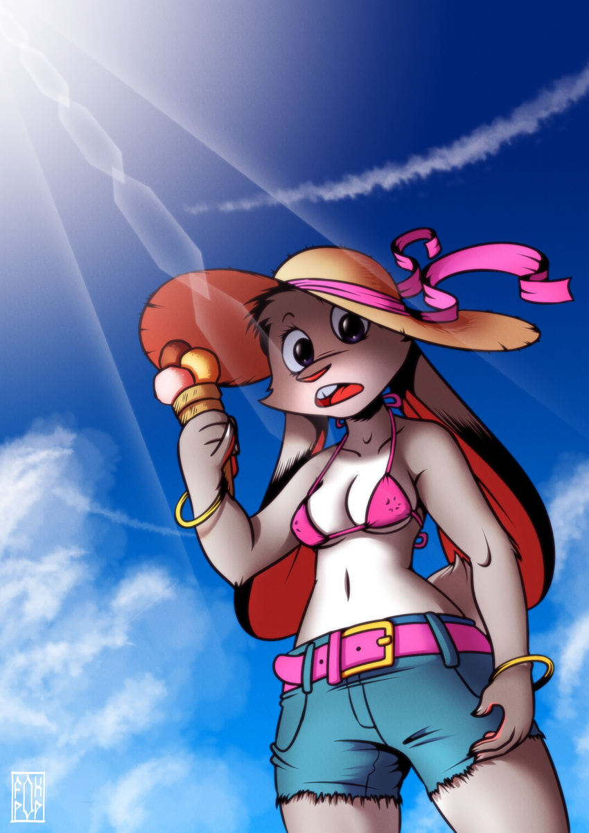 anime anthro beach bikini bracelet clothing comic cute dessert disney female food fox-pop hat ice_cream jewelry judy_hopps lagomorph looking_at_viewer mammal manga pinup pose rabbit seaside shorts sky summer sun swimsuit zootopia