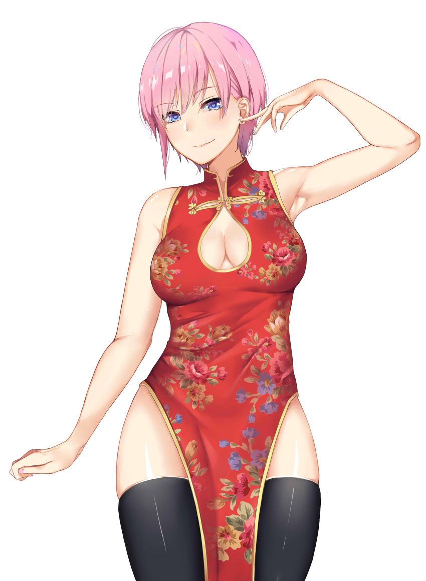 1girl absurdres ardi_rayhan armpits bangs bare_shoulders blue_eyes blush breasts china_dress chinese_clothes cleavage cleavage_cutout dress earrings eyebrows_visible_through_hair go-toubun_no_hanayome highres jewelry large_breasts nakano_ichika pelvic_curtain pink_hair red_dress short_hair simple_background smile solo stud_earrings thighhighs white_background
