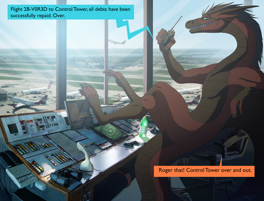 ! 2016 4_toes 5_fingers aircraft airplane airport anthro binoculars black_scales black_tail bottle claws comic crossed_legs day detailed_background dialogue digital_media_(artwork) dragon english_text hair holding_object horn inside long_tail male multicolored_scales multicolored_tail open_mouth radar radio reclining red_scales red_tail scales scalie slit_pupils solo speech_bubble sunlight teeth text toe_claws toes two_tone_scales two_tone_tail vorelord vorelord_(character) window