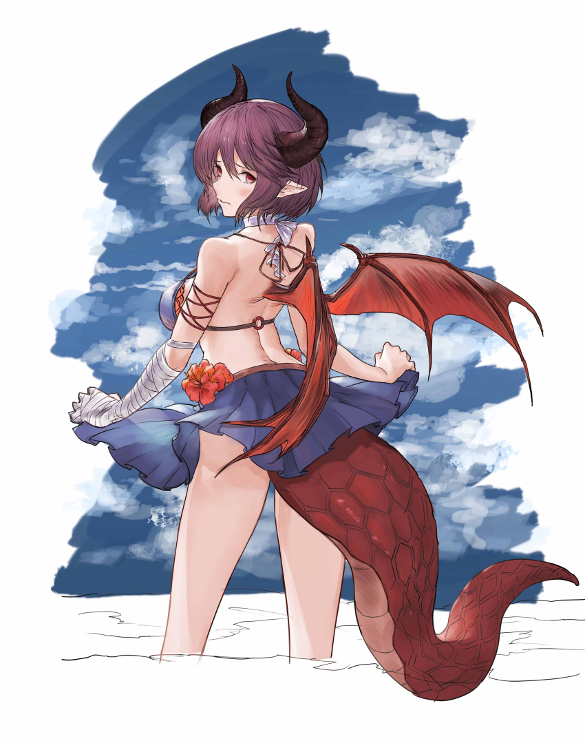 1girl absurdres back bandage bandaged_arm bandages bikini blue_bikini breasts dragon_girl dragon_horns dragon_tail dragon_wings flower from_behind granblue_fantasy grea_(shingeki_no_bahamut) hair_between_eyes hibiscus highres horns large_breasts lifted_by_self looking_at_viewer manaria_friends miniskirt o-ring ocean pleated_skirt pointy_ears purple_hair red_eyes short_hair skirt skirt_lift solo strap_gap swimsuit tail unkobako water wings