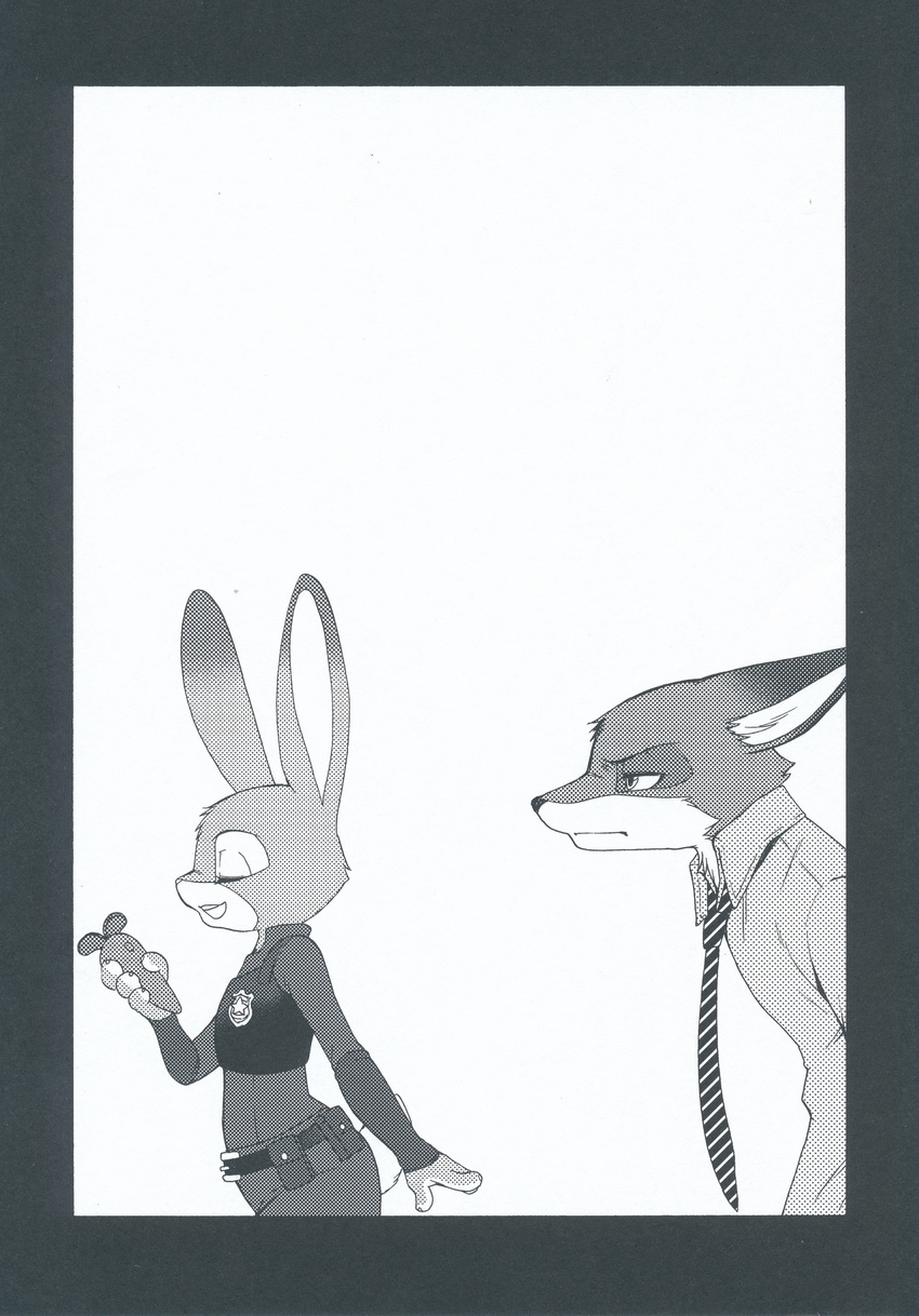 2016 anthro black_and_white bulletproof_vest canine carrot clothed clothing comic disney duo female food fox hi_res inumimi_moeta judy_hopps lagomorph male mammal manga monochrome nick_wilde pen police_uniform rabbit side_view uniform vegetable zootopia