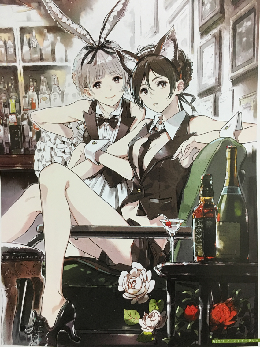 2girls alcohol animal_ears bar bare_legs bare_shoulders between_breasts bottle bow bowtie breasts brown_eyes brown_hair bunny_ears cat_ears chair champagne cherry cleavage cocktail_glass cup drinking_glass flower food fruit highres jack_daniel's kanna_kii midriff multiple_girls necktie necktie_between_breasts picture_frame shorts sitting skirt whiskey white_hair wrist_cuffs