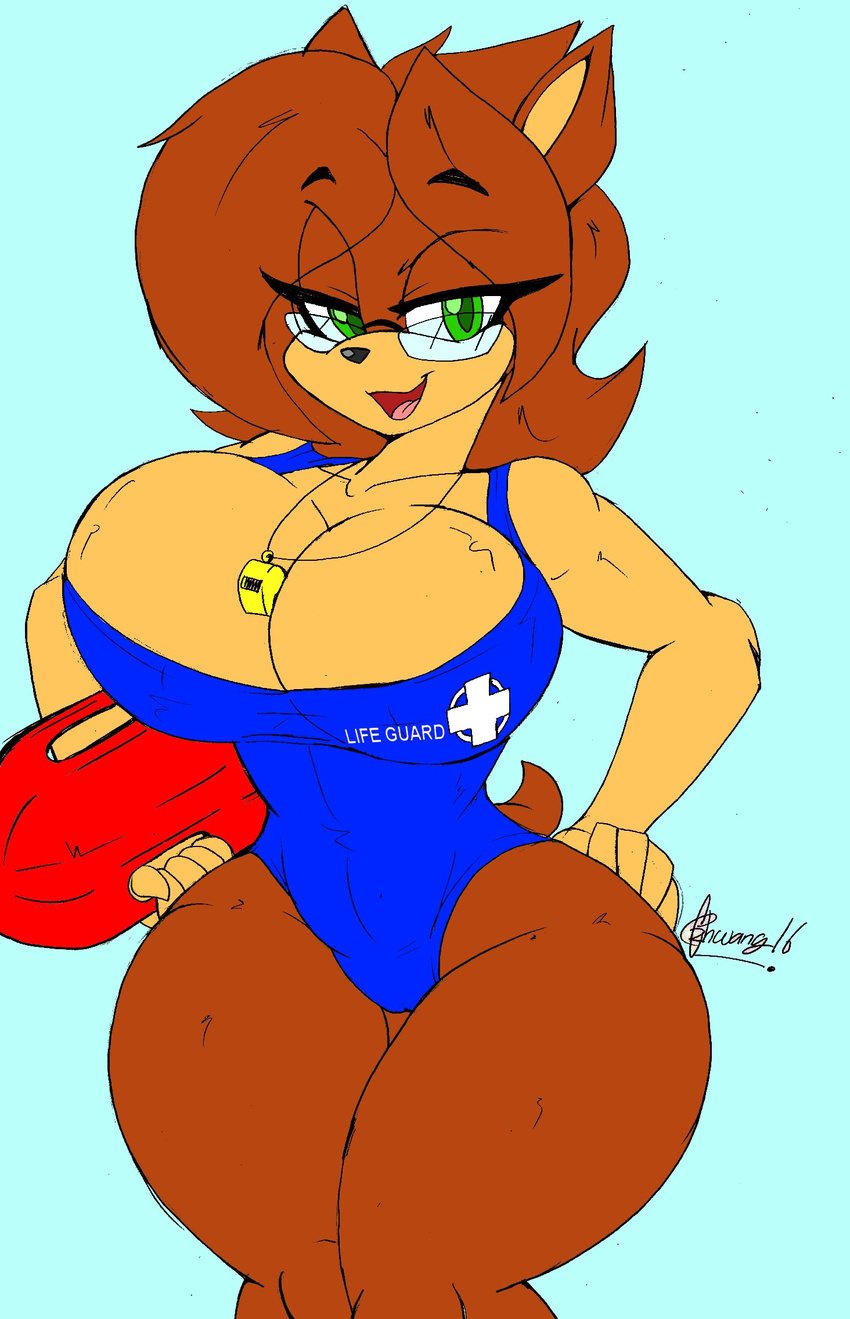 2016 akatsukishiranui-fox anthro big_breasts big_thighs breasts cleavage clothed clothing fan_character female green_eyes hi_res huge_breasts hyper hyper_thighs lifeguard mobian_(species) rescue_buoy smile solo sonic_(series) swimsuit thick_thighs voluptuous wide_hips