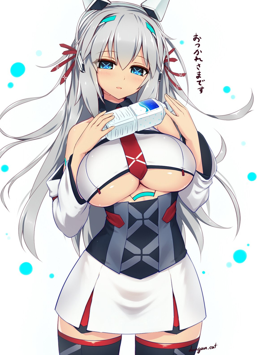 android artist_name bangs black_shirt blue_eyes blush breasts collared_shirt commentary cowboy_shot dangan_neko detached_sleeves dress drink grey_hair hair_between_eyes hair_ribbon hands_up headgear highres holding large_breasts long_hair looking_at_viewer necktie original parted_lips red_neckwear red_ribbon ribbon russia_(dangan_neko) shirt simple_background solo symbol-shaped_pupils translated underboob white_background white_dress